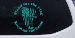 Stand for the Flag Kneel for the Cross worn US Flag and Cross Christian Car or Truck Window Decal Sticker (Turquoise)