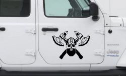 Bearded Viking Skull With Battle Axes  Skulls Car or Truck Window Decal Sticker (Black)