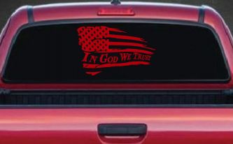 In God We Trust with American Flag Christian Car or Truck Window Decal Sticker (Red)