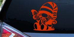 Gnome With Butterfly Butterflies Car or Truck Window Decal Sticker (Orange Red)