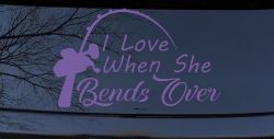 I Love When She Bends Over Fishing Pole Car or Truck Window Vinyl Decal Sticker (Purple)
