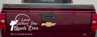 I Love When She Bends Over Fishing Pole Car or Truck Window Vinyl Decal Sticker (White)
