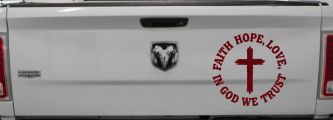 Faith Hope Love In God We Trust Car or Truck Vinyl Window Decal Sticker (Purple Red)
