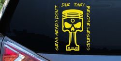 Gear Heads Don't Die They Become Legends Skull Piston Car or Truck Vinyl Window Decal Sticker (Yellow)