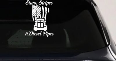 Stars Stripes and Diesel Pipes Patriotic American Flag Trucking Car or Truck Vinyl Window Decal Sticker