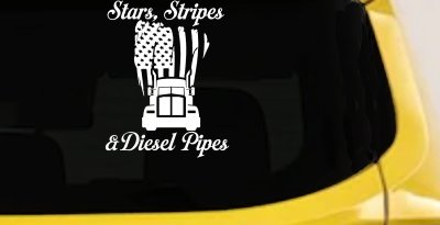 Stars Stripes and Diesel Pipes Patriotic American Flag Trucking Car or Truck Vinyl Window Decal Sticker (White)