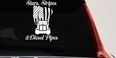 Stars Stripes and Diesel Pipes Patriotic American Flag Trucking Car or Truck Vinyl Window Decal Sticker