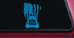 American Trucker with Tattered American Flag and Truck Car or Truck Vinyl Window Decal Sticker (Blue)