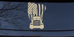American Trucker with Tattered American Flag and Truck Car or Truck Vinyl Window Decal Sticker (Desert Sand)