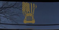 American Trucker with Tattered American Flag and Truck Car or Truck Vinyl Window Decal Sticker (Gold)