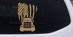 American Trucker with Tattered American Flag and Truck Car or Truck Vinyl Window Decal Sticker (Light Brown)