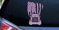 American Trucker with Tattered American Flag and Truck Car or Truck Vinyl Window Decal Sticker (Lilac)