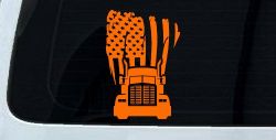 American Trucker with Tattered American Flag and Truck Car or Truck Vinyl Window Decal Sticker (Orange)