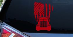 American Trucker with Tattered American Flag and Truck Car or Truck Vinyl Window Decal Sticker (Red)