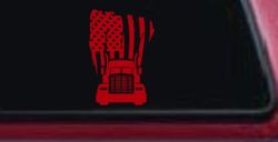 American Trucker with Tattered American Flag and Truck Car or Truck Vinyl Window Decal Sticker (Red)