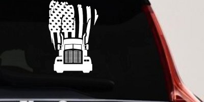 American Trucker with Tattered American Flag and Truck Car or Truck Vinyl Window Decal Sticker