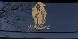 Unbothered Female Skeleton Grim Reaper Shooting Bird Car or Truck Vinyl Window Decal Sticker (Light Brown)