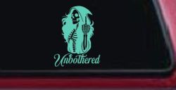 Unbothered Female Skeleton Grim Reaper Shooting Bird Car or Truck Vinyl Window Decal Sticker (Mint)
