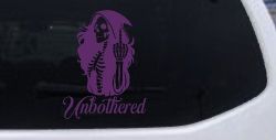 Unbothered Female Skeleton Grim Reaper Shooting Bird Car or Truck Vinyl Window Decal Sticker (Violet)