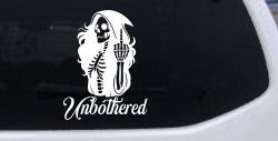 Unbothered Female Skeleton Grim Reaper Shooting Bird Car or Truck Vinyl Window Decal Sticker