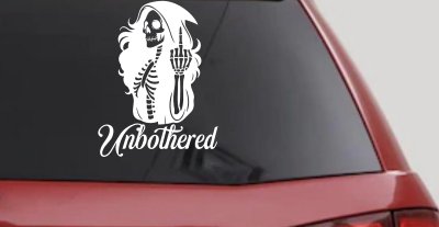 Unbothered Female Skeleton Grim Reaper Shooting Bird Car or Truck Vinyl Window Decal Sticker