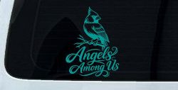 Angels Among Us with Cardinal Bird Car or Truck Vinyl Window Decal Sticker (Turquoise)