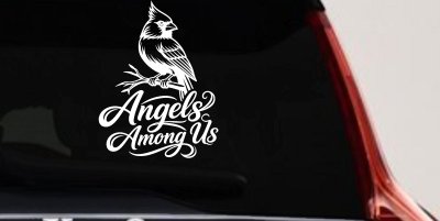 Angels Among Us with Cardinal Bird Car or Truck Vinyl Window Decal Sticker