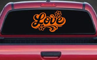 Love with Flowers and Swirls Car or Truck Vinyl Window Decal Sticker (Orange)