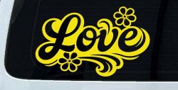 Love with Flowers and Swirls Car or Truck Vinyl Window Decal Sticker (Yellow)