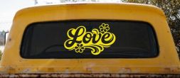 Love with Flowers and Swirls Car or Truck Vinyl Window Decal Sticker (Yellow)