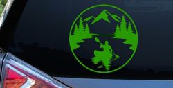 Man Kayaking in Mountains Car or Truck Vinyl Window Decal Sticker (Lime)