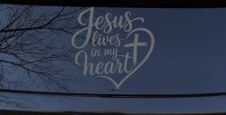 Jesus Lives in my Heart Car Truck Vinyl Window Decal Sticker (Silver)