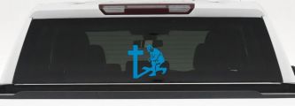 Military Soldier Kneeling at Cross Christian Car or Truck Window Vinyl Decal Sticker (Blue)