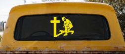 Military Soldier Kneeling at Cross Christian Car or Truck Window Decal Sticker (Yellow)
