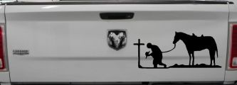 Cowboy at Cross with Horse Western Ranch or Farm Christain Car or Truck Window Decal Sticker (Black)