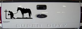 Cowboy at Cross with Horse Western Ranch or Farm Christain Car or Truck Window Decal Sticker (Black)