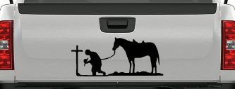 Cowboy at Cross with Horse Western Ranch or Farm Christain Car or Truck Window Decal Sticker (Black)