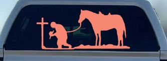Cowboy at Cross with Horse Western Ranch or Farm Christain Car or Truck Window Decal Sticker (Coral)