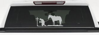Cowboy at Cross with Horse Western Ranch or Farm Christain Car or Truck Window Decal Sticker (Light Gray)
