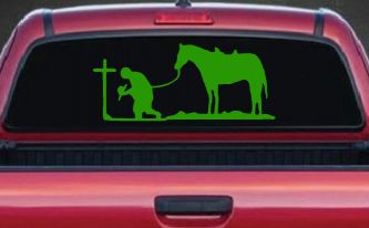 Cowboy at Cross with Horse Western Ranch or Farm Christain Car or Truck Window Decal Sticker (Lime)