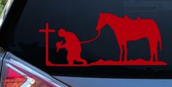 Cowboy at Cross with Horse Western Ranch or Farm Christain Car or Truck Window Decal Sticker (Red)