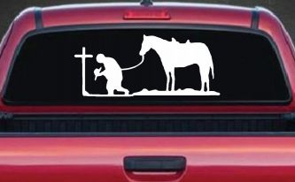 Cowboy at Cross with Horse Western Ranch or Farm Christain Car or Truck Window Decal Sticker