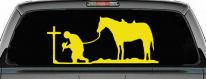Cowboy at Cross with Horse Western Ranch or Farm Christain Car or Truck Window Decal Sticker (Yellow)