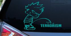 Pee on Terrorism Car or Truck Window Decal Sticker (Turquoise)