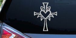 Cross with Heart in middle Christian Car or Truck Window Decal Sticker (Light Gray)