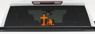 Soldier Kneeling at Cross In Memory of Military Car or Truck Window Decal Sticker (Orange)