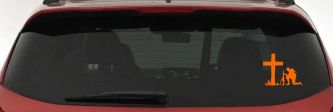 Soldier Kneeling at Cross In Memory of Military Car or Truck Window Decal Sticker (Orange)
