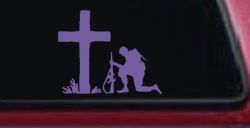Soldier Kneeling at Cross In Memory of Military Car or Truck Window Decal Sticker (Purple)