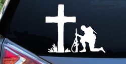 Soldier Kneeling at Cross In Memory of Military Car or Truck Window Decal Sticker