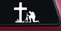 Soldier Kneeling at Cross In Memory of Military Car or Truck Window Decal Sticker